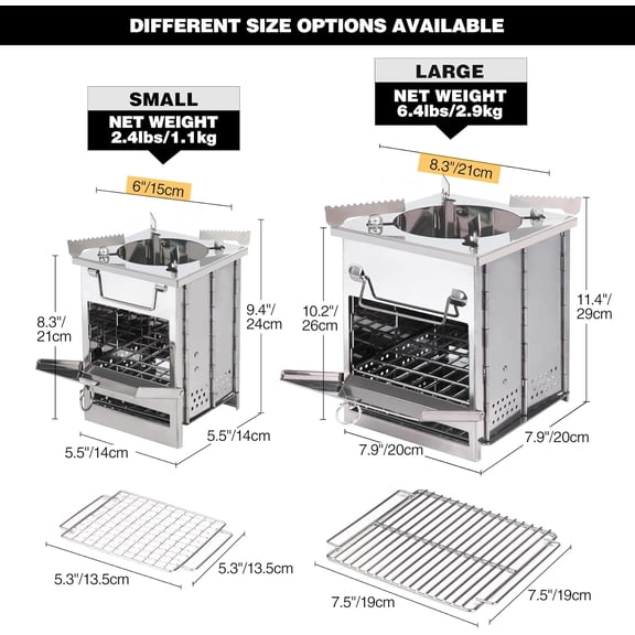 Wood Burning Folding Camp Stove Stainless Steel Grill and Pot Stand, Portable Collapsible Backpacking Stove Survival Rocket Stove for Hiking Outdoor Tent Camping Picnic, Largel with Pot Stand