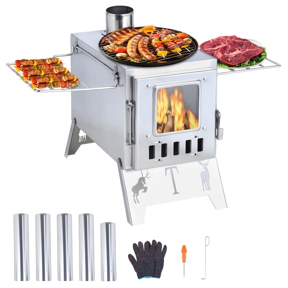 Wood Burning Stove with 5 Pipes Accessories, Visible Window Side Panels Heating Cooking Hot Tent Stove, Large Firebox Stainless Steel Stove for Outdoor, Camping, Hunting, Ice Fishing