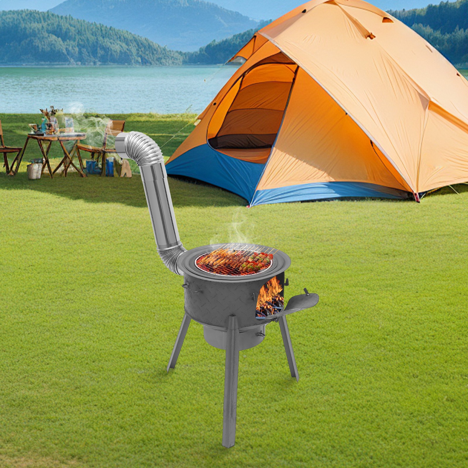 Wood Burning Stove with Grill Grate and 3 Wok Rings, Multifunction Charcoal Grill for 25-45cm/9.84-17.72in Diameter Cookware, Camping Wood Stove for Indoor/Outdoor, Camping, Picnic