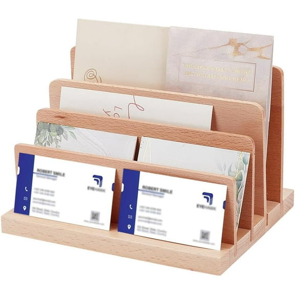 Wood Business Card Holder Stand 4-Tier Multiple Business Card Organizer Card Display Stand Brochure Postcard Holder Rack Retail Display