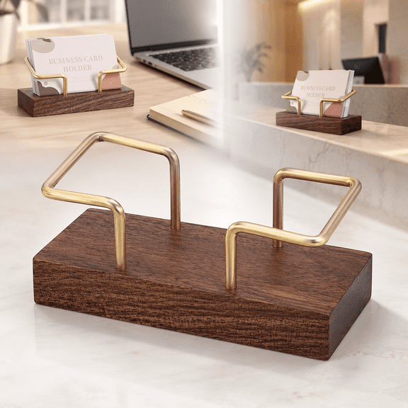 SIISLL Wooden Business Card Holder for Desk - Elegant Walnut & Gold Metal Card Display Stand - Stylish Tabletop Business Card Holder for Professionals, Reception, Meetings Office Desk Organizer