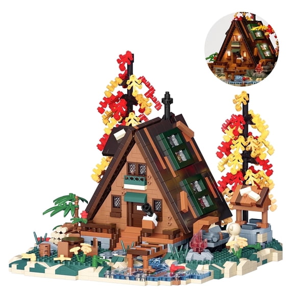 YOUEEFY Wood Cabin Building Blocks Set with LED Lights, 2151PCS Micro Bricks, Miniature House Model