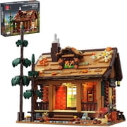 Wood Cabin Building Blocks Set with LED Lights, Autumn House Building Toys, Log Cabin Construction Kits, Stem Forest Treehouse,