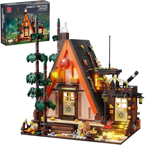 Wood Cabin Building Set with LED Lights - Retro A-Frame Tree House Construction Model Building Blocks Kits 1800 Pcs for Adults and Teen, Home Decor & Collection