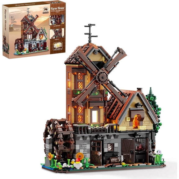 Wood Cabin Building Set with Light, Mechanical Farm House Building Block Toys with Rotating Windmill Waterwheel Castle Architecture Model Set 1436 Pcs for Adults