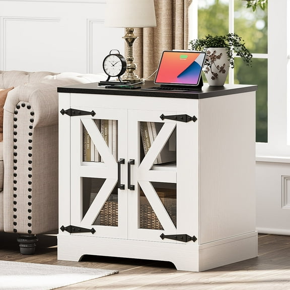 Nightstand with Charging Station for Living Room Bedroom, Farmhouse Side End Table with Adjustable Shelf & Storage Cabinet, White