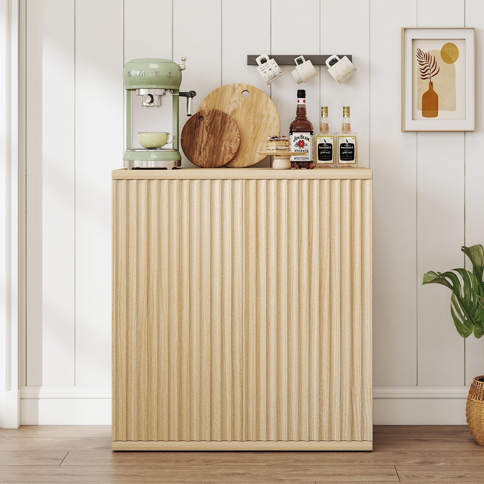 Sideboard Buffet Cabinet with Doors and Adjustable Shelves, Fluted  Small Storage Cabinet for Kitchen,Living Room, Natural Wood