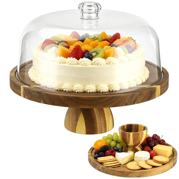 Wood Cake Stand with Clear Dome Lid, Multi-Purpose Dessert Display Set, Tall Cakes Platter with Base, Charcuterie Board Server, Dustproof Fresh-Keeping Cake Tray for Wedding, Parties