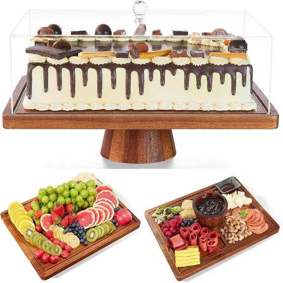 Wood Cake Stand with Lid-Extra Large 17" Rectangular Cake Holder2-in-1 Dessert Table Display Set & Charcuterie BoardAcrylic Cake Dome Cover for Cheese/Veggie/Desert /Chips & Dip
