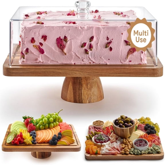 Wood Cake Stand with Lid - Rectangular Cake Holder, 2-in-1 Dessert Table Display Set & Charcuterie Board for Cheese, Chips, Fruit Platter, Large Acrylic Cake Dome Cover, No Glass