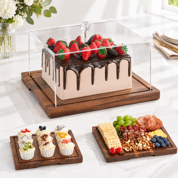 Wood Cake Stand With Lid 2-in-1 Holder Dome Square