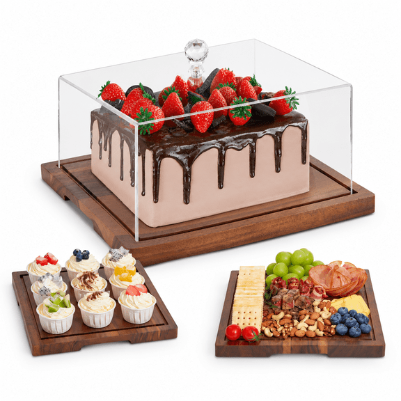 Wood Cake Stand With Lid 2-in-1 Holder Dome Square