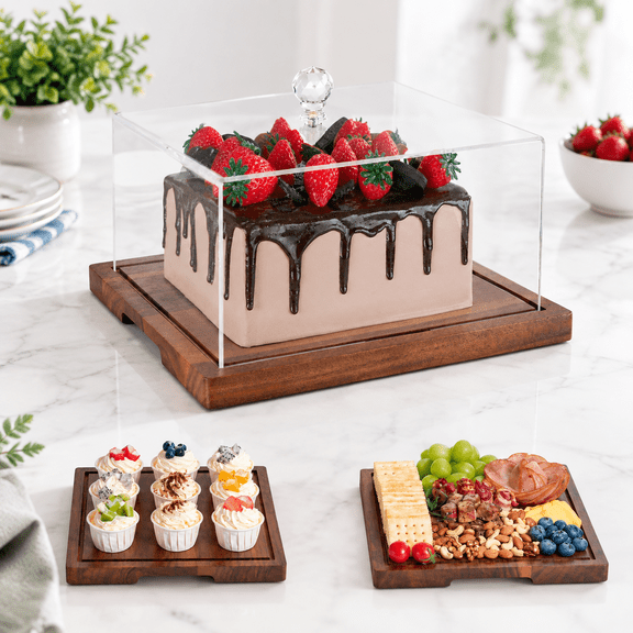 Wood Cake Stand With Lid 2-in-1 Holder Dome Square