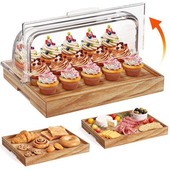 Wood Cake Tray ,Cakes Stand with Hinged Clear Cover Lid Dust-Proof Pastry Display Platter Rectangular Dessert Display for Party Kitchen for Cupcakes Cookies Bread