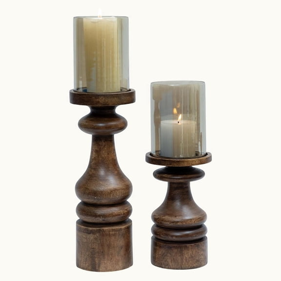 Wood Candle Holders Set of 2 Farmhouse Boho Pillar Candle Stands with Glass Covers Handmade Wooden Table Centerpiece Decor (Gift Box - with 2 Candles)