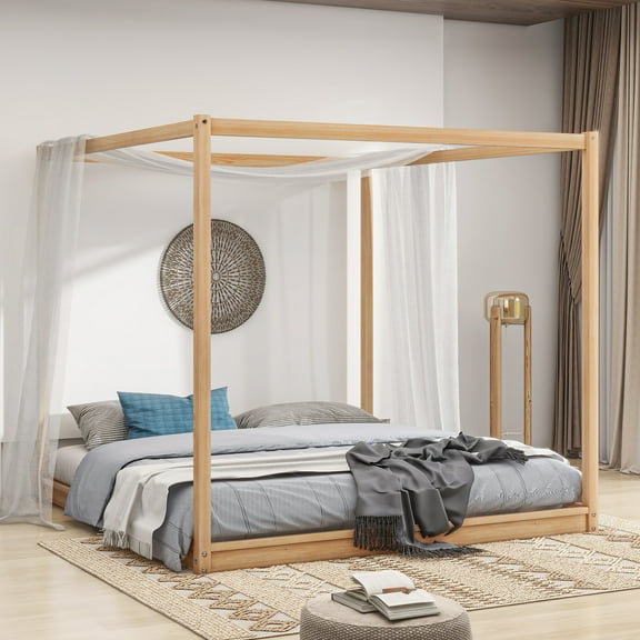 Wood Canopy Bed, King Size Canopy Platform Bed with Support Slats, 4-Post Canopy Platform, No Box Spring Needed(Natural, King)