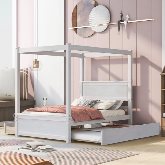[Luckynote] Wood Canopy Bed with Trundle Bed and two Drawers ,Full Size Canopy Platform bed With Support Slats .No Box Spring Needed, Brushed White
