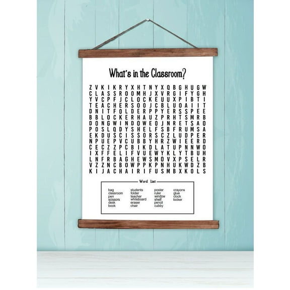 Wood, Canvas Sign, Classroom Decor Word Search Puzzle Art Print, Lightweight Ready to Hang Wall Hanging, 19x24-Inch