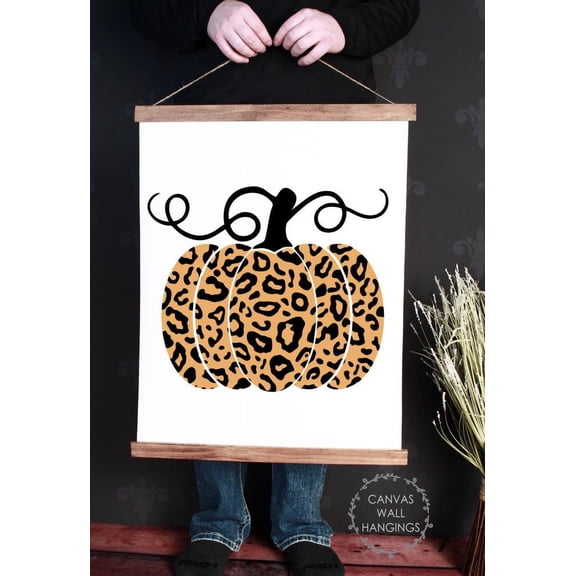 Wood, Canvas Sign Fall Leopard Print Pumpkin Wall Hanging Home Décor Art Print, 19x24-Inch
