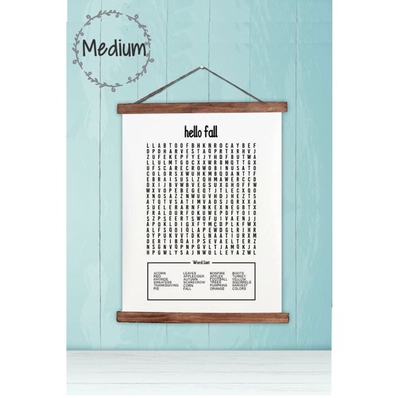 Wood, Canvas Sign, Hello Fall Word Search Puzzle Art Print, Lightweight Ready to Hang Wall Hanging, 15x19-Inch