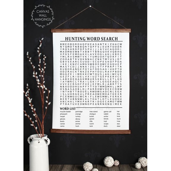 Wood, Canvas Sign, Hunting Word Search Puzzle Man Cave Decor Print, Lightweight Ready to Hang Wall Hanging, 23x30-Inch