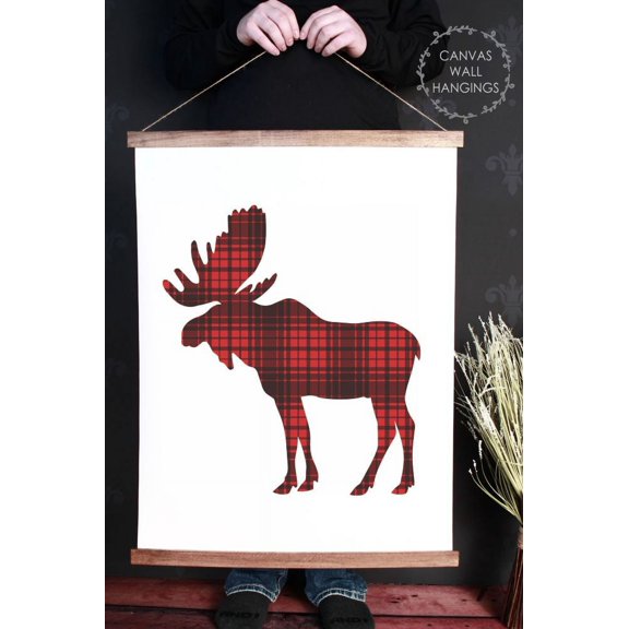 Wood, Canvas Sign, Red Black Buffalo Plaid Moose Animal Woodland Theme Décor Print, Lightweight Ready to Hang Wall Hanging, 23x30-Inch