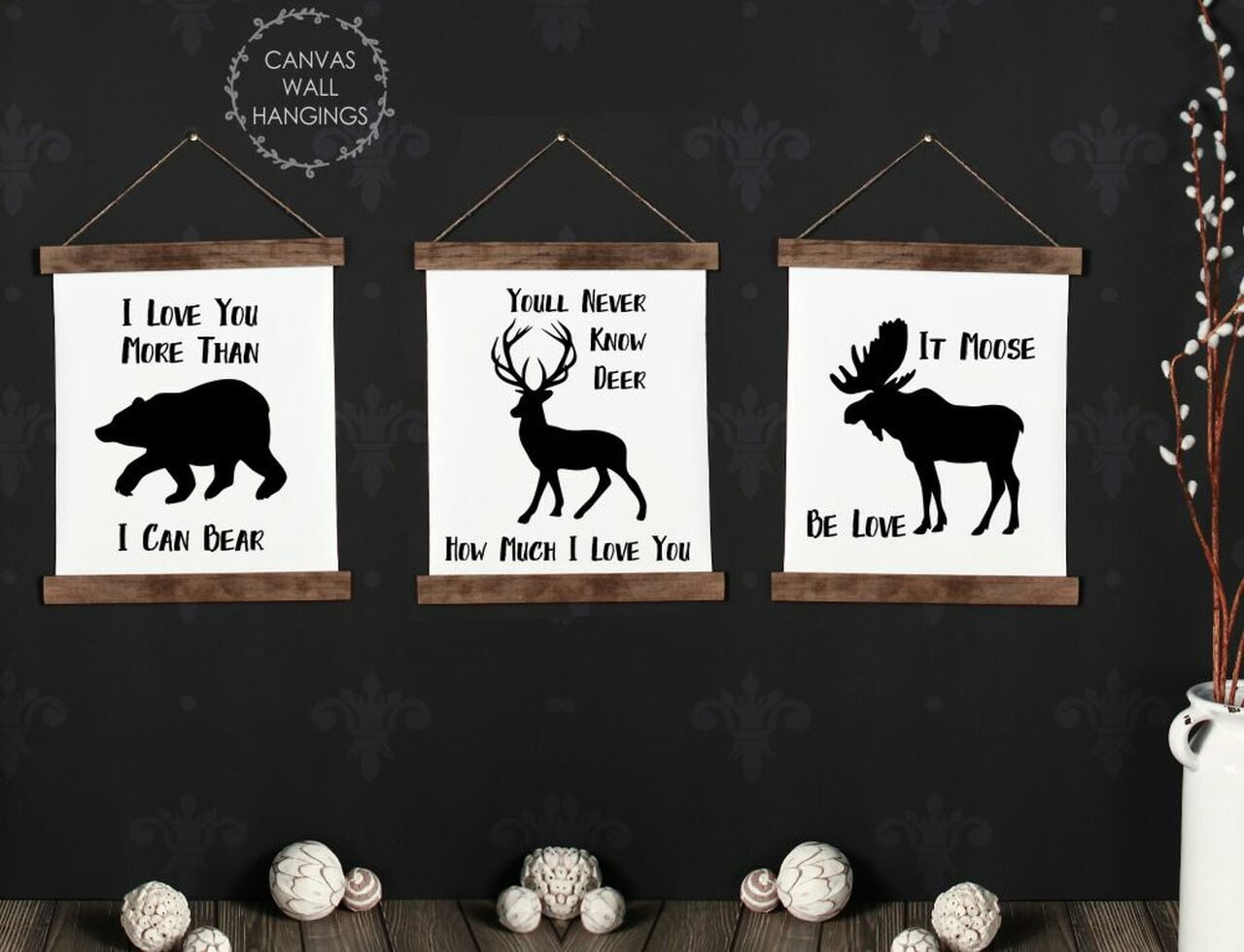 Wood, Canvas Sign, Set of Nursery Décor Prints, Love You Bear