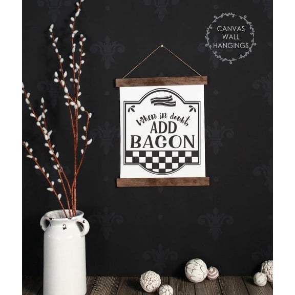 Wood Canvas Sign Wall Hanging, In Doubt Add Bacon Farmhouse Wall Art 12x14.5-Inch