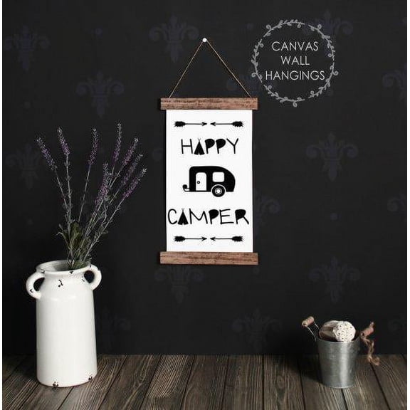 Wood Canvas Sign Wall Hanging, Retro Happy Camper Wall Art 9x15-Inch