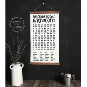 Wood, Canvas Sign Word Search Puzzle Wall Hanging Welcome Bathroom Décor Print 15x26-Inch