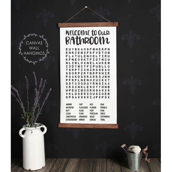 Wood, Canvas Sign Word Search Puzzle Wall Hanging Welcome Bathroom Décor Print 15x26-Inch
