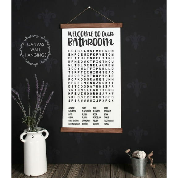 Wood, Canvas Sign Word Search Puzzle Wall Hanging Welcome Bathroom Décor Print 15x26-Inch