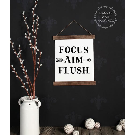 Wood & Canvas Wall Hanging Focus Aim Flush Bathroom Décor Wall Art Sign 12x14.5-Inch