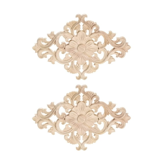 Wood Carved Appliques, 2Pcs Wooden Decorative Onlays, Unpainted Furniture Center Decals for Cabinet Dresser Bed Door Wall