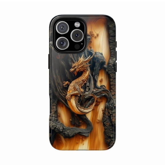 Wood Carved Dragon Artwork Phone Case Fantasy Engraved Design with iPhone 17 to 11 Pro Max