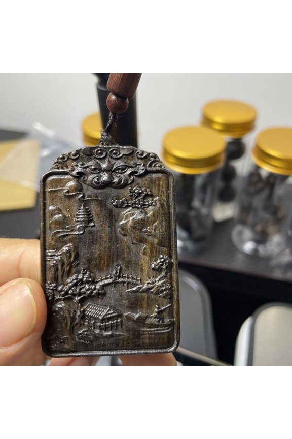 Wood Carved Mountain Pendant Vintage Style Amulet Necklace Old Wood Hanging Decor Talisman for Men Women Spiritual Gift