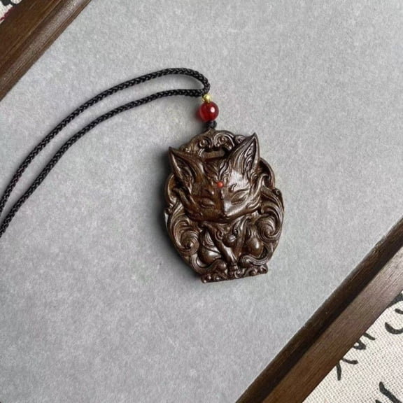 Wood Carved Nine Tailed Fox Pendant Mythical Animal Necklace Amulet Spiritual Charm Traditional Cultural Jewelry