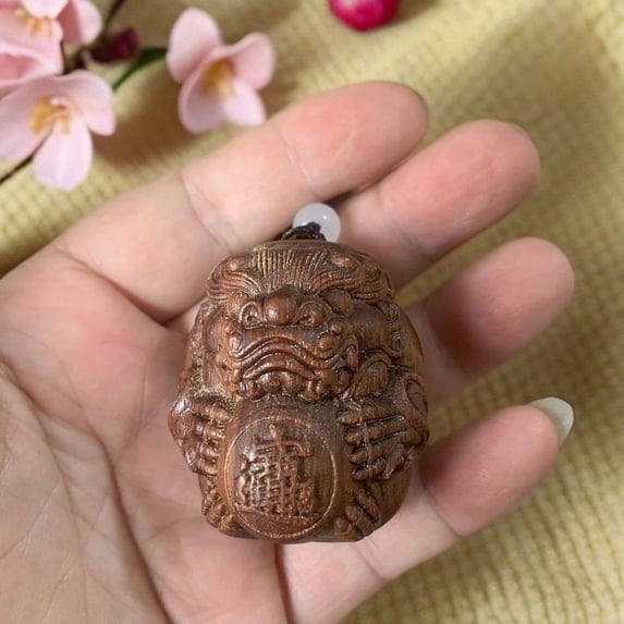 Wood Carved Pixiu Wealth Ball Figurine Handheld Pendant Feng Shui Wooden Ornament Spiritual Decor for Home Gift