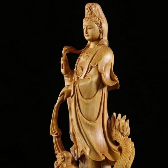 Wood Carved Royal Dragon Guanyin Bodhisattva Statue Solid Wood Buddhist Ornament Decoration Height Approximately 12cm