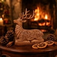thumbnail image 1 of Wood Carved Style Lying Christmas Reindeer Resin Figurine, Vintage Filigree Resting Deer Statue with Wood Grain Finish, Festive Tabletop Mantel Holiday Decoration for Home Christmas Decor & Gift, 1 of 7