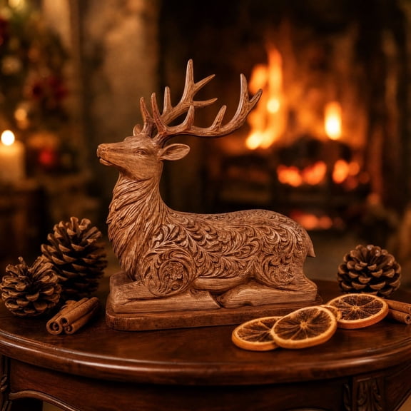 Wood Carved Style Reindeer Resin Figurine, Christmas Deer Tabletop Decoration with Rustic Sculpted Look, Festive Accent for Mantel, Shelf, Entry Table and Seasonal Display, Brown