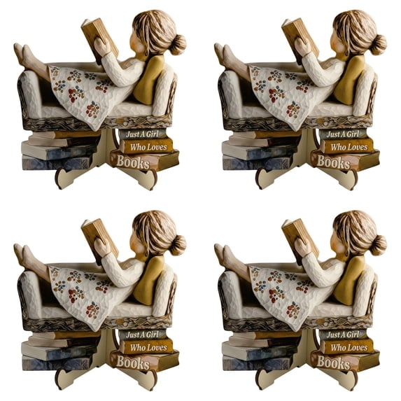 Wood Carved Style Resin Reading Figurine with Display Stand "Just A Who Loves Books", Book Lover Statue Desktop Tabletop Ornament for Bookshelf Library Office Home Decor Gift