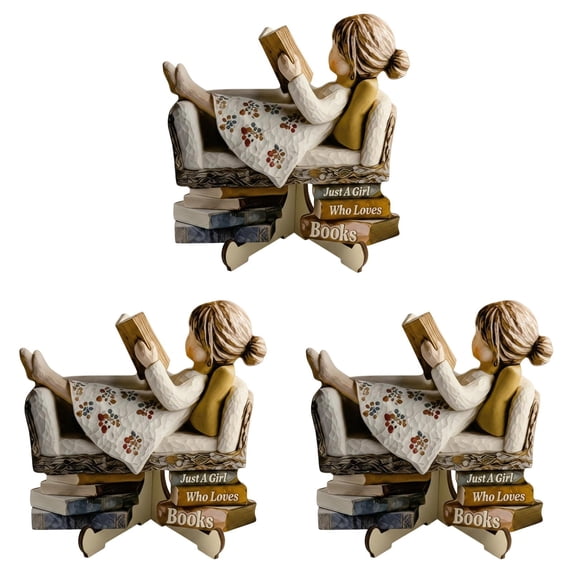 Wood Carved Style Resin Reading Figurine with Display Stand "Just A Who Loves Books", Book Lover Statue Desktop Tabletop Ornament for Bookshelf Library Office Home Decor Gift