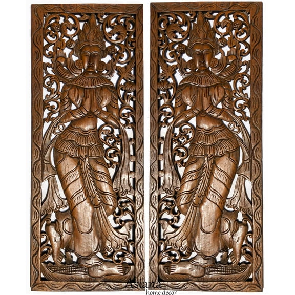 Wood Carved Wall Art. Large Carved Wood Panel. Thai Decorative Wood Panel. Wood Wall Sculpture. Asian Bali Home Decor. Lotus Flower Wall Decor. Dark Brown Finish 35.5"x13.5"x0.5" Set of 2