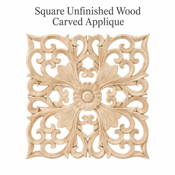 Wood Carving Applique, Solid Rubberwood Floral Panel, 9.45 Inch Hollow Wall Art, Cabinet Door Decoration, DIY Woodworking Craft, Vintage Home Decor Accent