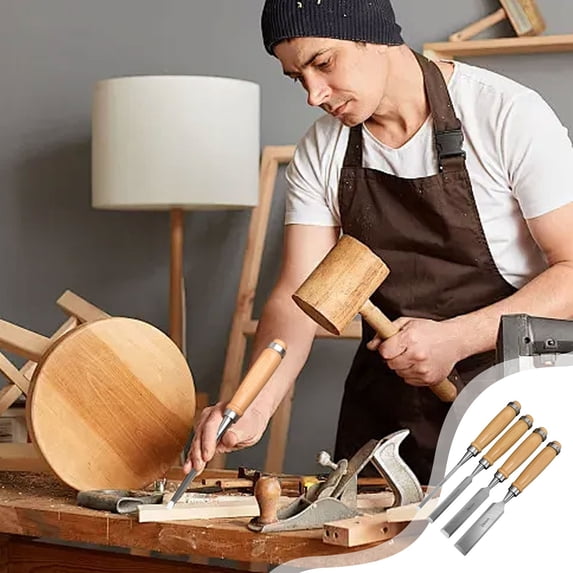 Wood Carving Chisel Set | Chromium Vanadium Steel | Hardwood Handle Non-Slip Grip | Multi-Width 6mm-24mm | Professional Woodworking Tool Kit | 4 Pieces | Rust Resistant | Ergonomic Design