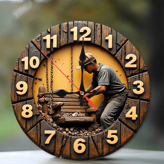 Wood Carving Craftsman Wall Clock Rustic Decor 10-Inch Silent Wooden Wall Clock, Battery Operated (AA Batteries Not Included), Artistic Home Decor
