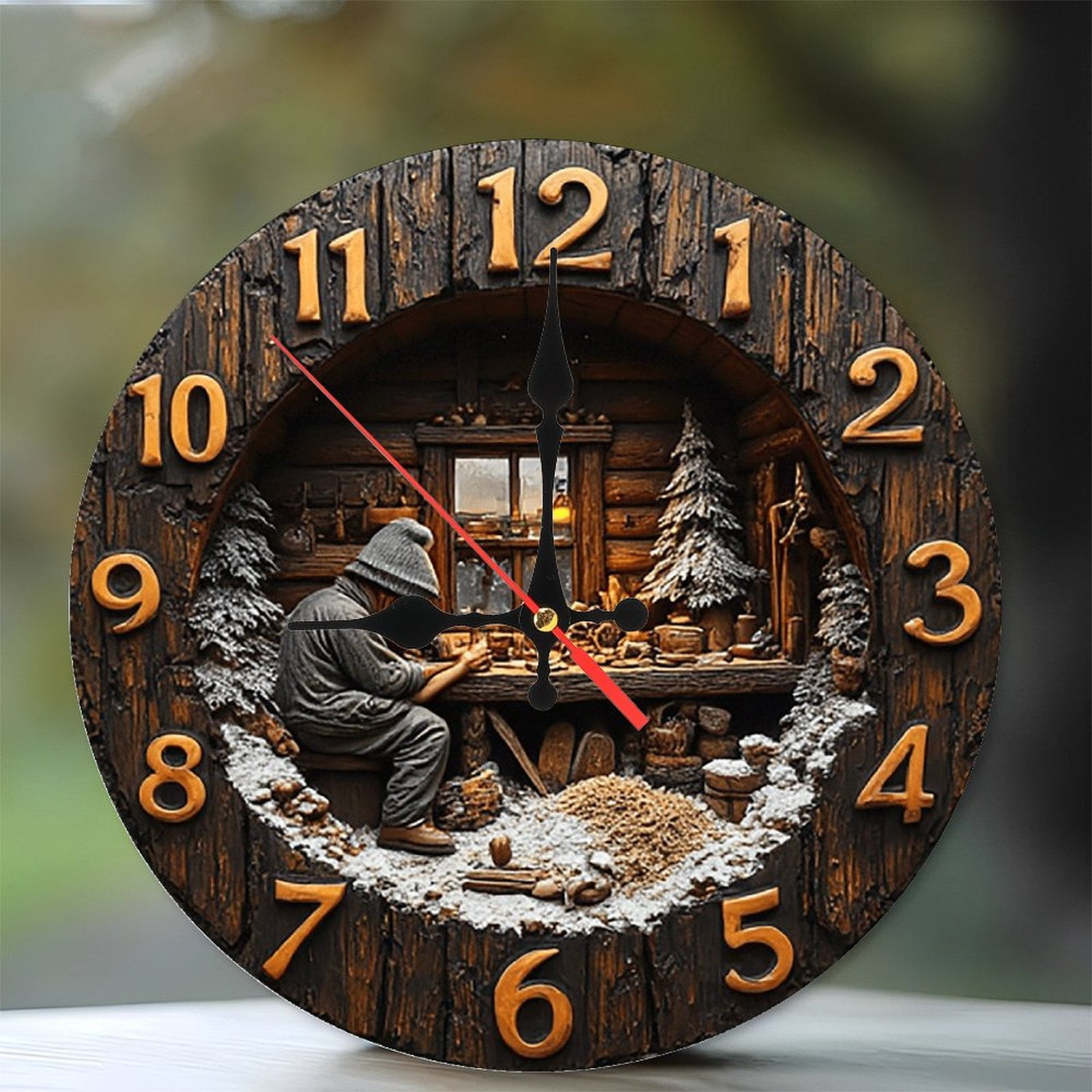 Wood Carving Craftsman Winter Cabin Clock 10-Inch Silent Wooden Wall ...