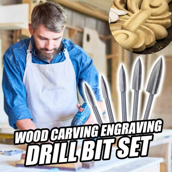 Wood Carving and Engraving Tool Kit, 5-Pc Drill Bit Set for Rotary Tools, HSS Carbide Burrs for Grinding, Drilling & Shaping Wood, Acrylic, DIY Projects