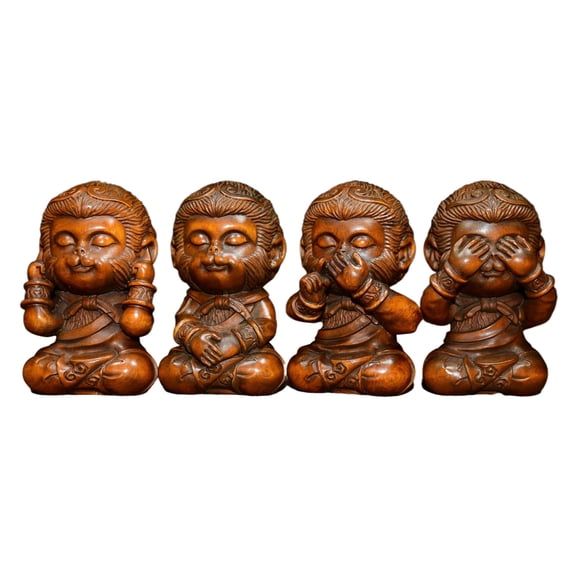 Wood Carving Home Arts Crafts Wooden Four Wise Monkeys Figurine Monkey King Statue Carved Decor No Evil Prudence Wisdom